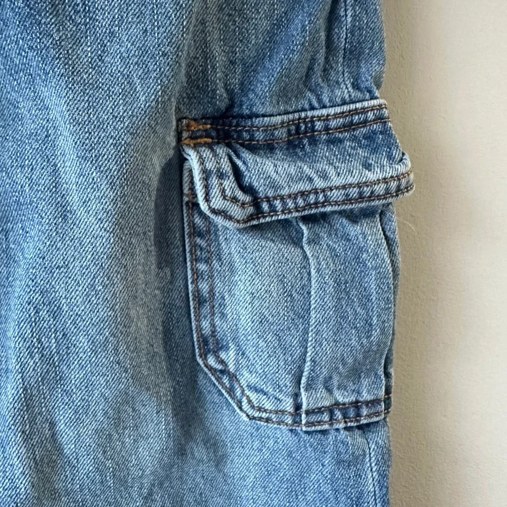 Old Navy Cargo Jeans Kids 8 Blue Excellent Baggy Wide‎ Leg High Rise Tough Denim